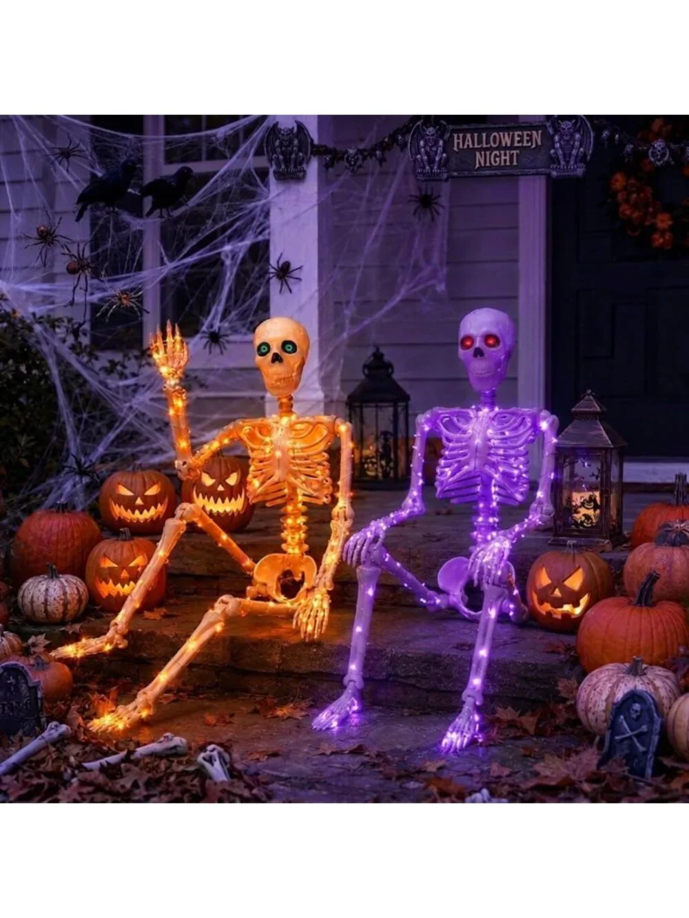 Lighted Skeletons 3FT - 2 Pack Halloween Decor, Realistic Skulls & 350pcs Lights